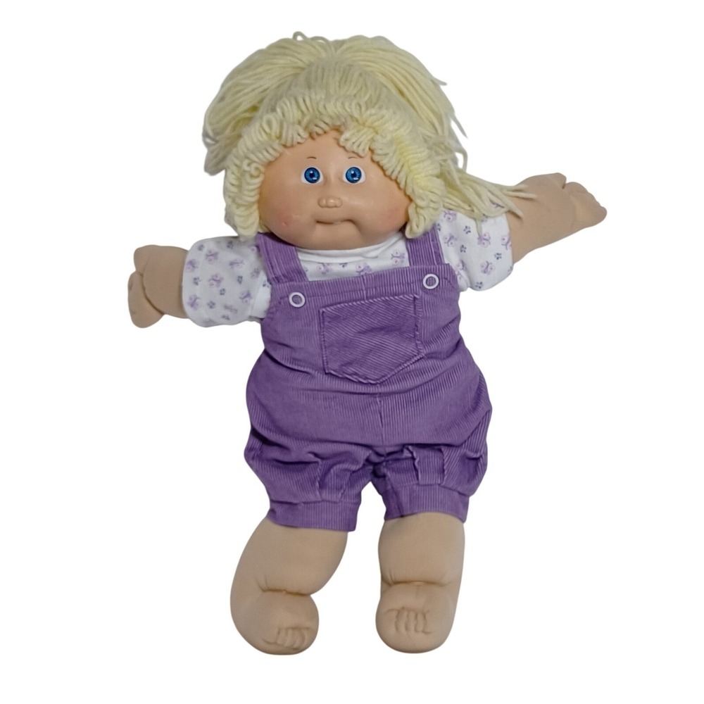 Vtg Cabbage Patch Kids Doll 1978/1982 Purple Overalls Blonde Yarn Hair Blue Eyes